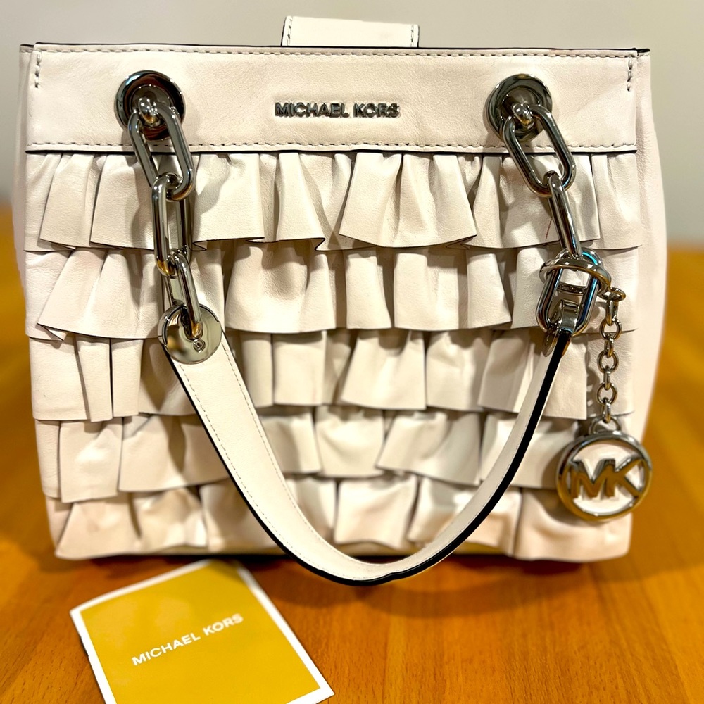 Michael Kors Cynthia Ruffled Leather Small Satchel White